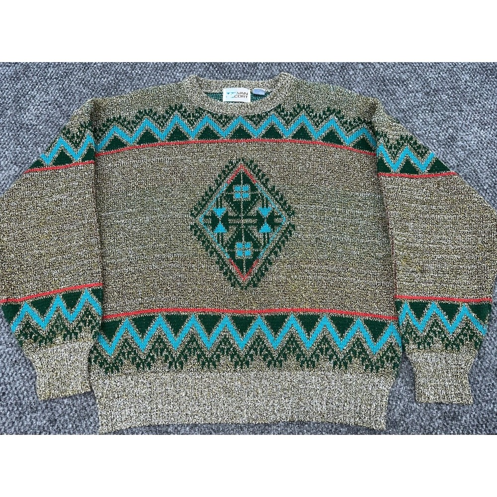 Vintage Van Cort Men's Large Geometric Zigzag Knit Sweater 80s 90s - Excellent